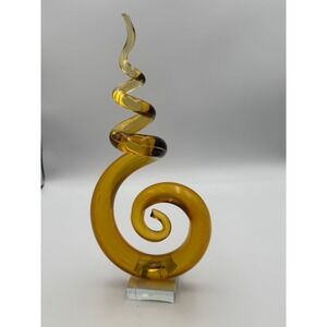 Hand Blown Amber Art Glass Spiral Helix Sculpture Modern Home Decor 12 Inch